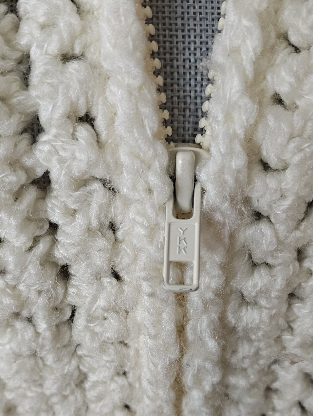 Vintage Puff Pom Pom Chunky Knit Zip Up Sweater Cream Grey Small - Picture 3 of 7